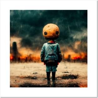 A kid with an orange helmet in a post-apocalyptic world Posters and Art